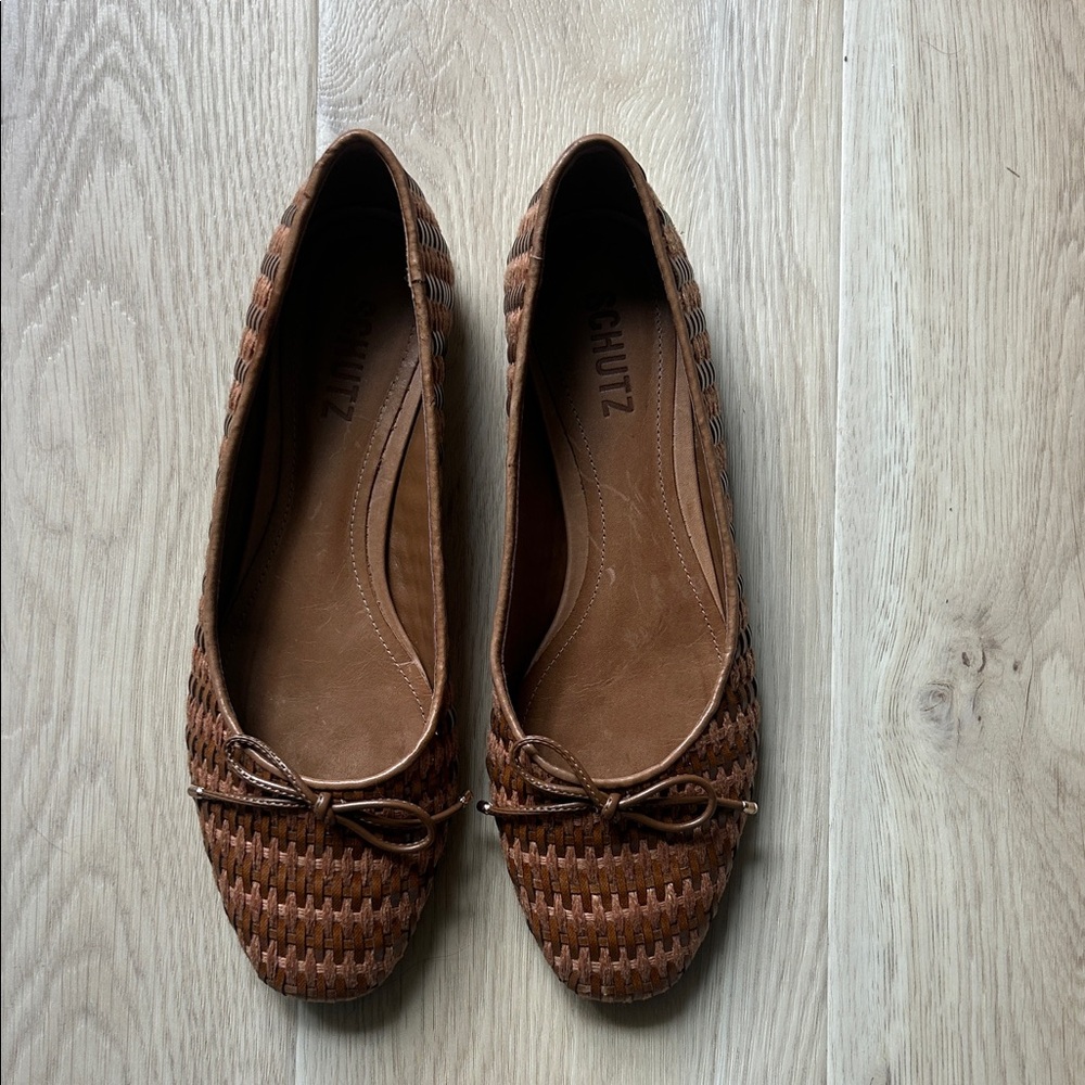 SCHUTZ Woven Brown Leather Ballet Flats